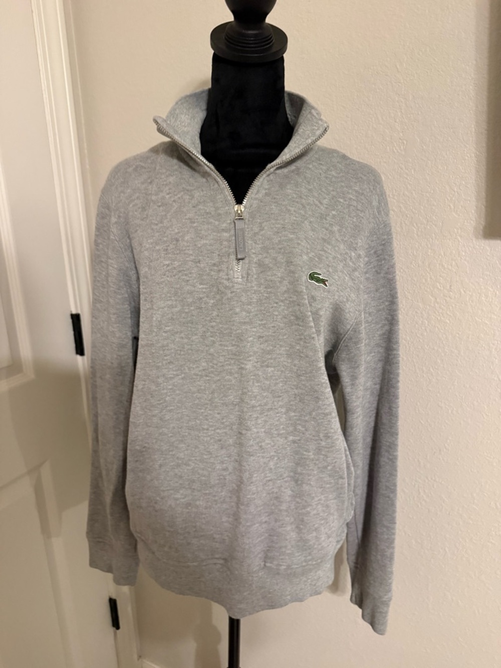 Lacoste Men’s Light Gray Half-Zip Pullover with Green Croc Logo